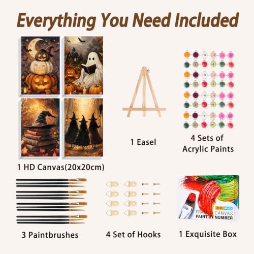 AUKELHJ 4 Pack Framed Paint by Numbers Kit for Adults, Halloween, 8x12 inch | Paint by Number for Adults, Beginner Friendly, Framed Canvas, Easel Included, Fun and Relaxing, Gifts Box, Home Wall Decor