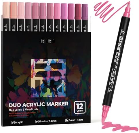 ZSCM 12 Pink Acrylic Paint Markers, Dual Fine & Brush Tip Acrylic Pens