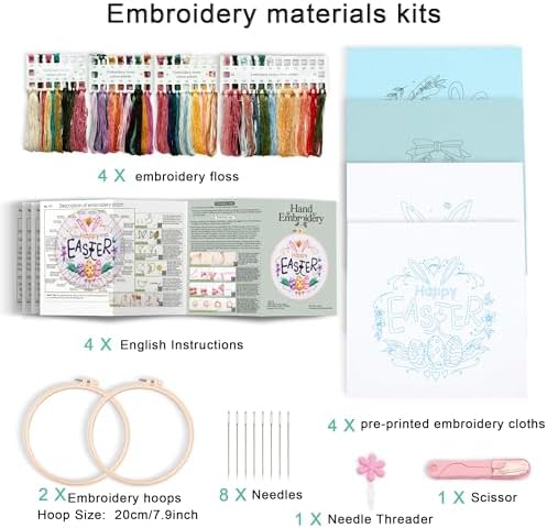 Harimau Adult Beginner Embroidery Starter Kit, Complete Set with 4 Patterns, 2 Hoops, Needles, Scissors, Instruction Guide & Stitching Video Tutorials