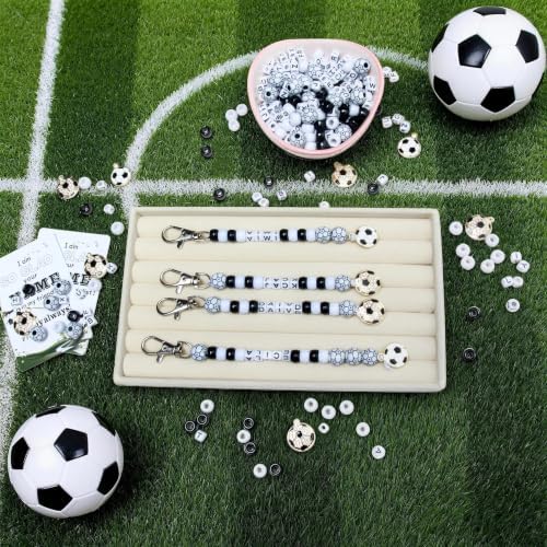 Tuhangcc 500 Pcs Soccer DIY Keychain Making Kit, Adjustable Letter Alphabet Beads Strings, 16 Charm Cards with Lobster Clasps & Strings for Sport Theme Party Favor Gift (Soccer)