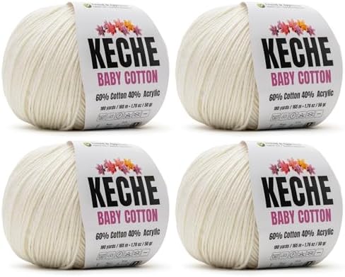 Keche Baby Cotton, 60% Cotton 40% Acrylic Yarn, Soft Cotton Yarn for Crochet and Knitting, Amigurumi Yarn 4 Skeins/Balls [1.76 Oz (50g) / 180 Yrds (165m)] x 4 - Off White