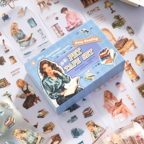 4 Rolls PET Tapes Pre-Cut Tape Stickers for Scrapbooking Reading People Stickers Tape journaling washi Tape Sticker Sticker Rolls for Scrapbooking