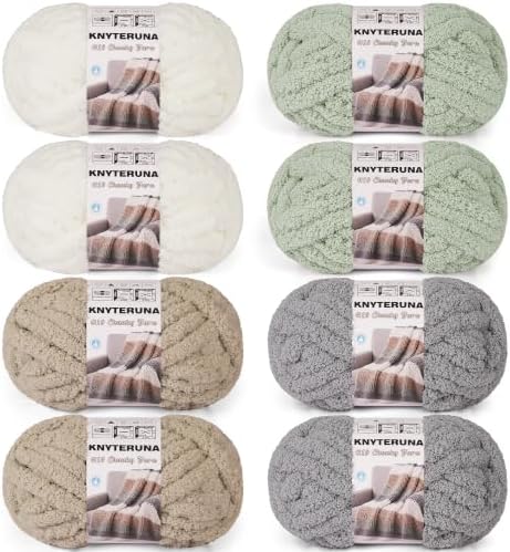 Chunky Yarn for Hand Knitting, #10 Chunky Blanket Chenille Yarn, Bulky Thick Jumbo Yarn, Super Chunky Knit Yarn for Crocheting, 8 Skein (8 oz 22 yds Each Skein), Cream&Sage&Khaki&Light Grey
