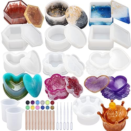 EuTengHao Resin Molds 43Pcs Silicone Molds for Resin, Epoxy Crown Shape Mold Heart Shape Mold with Mica Powder for Storage Box Jewelry Trinket Container DIY Resin Casting Crafts
