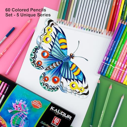 KALOUR 60 Art Drawing Pencils Set,Including Oil-Based, Metallic, Watercolor, Neon, Macaron Pastel Colored Pencils.Ideal for Sketching, Coloring & DIY Crafts,Gift for Adults Kids Artists Beginner