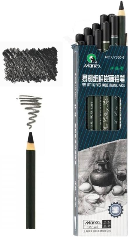 Marie's Artist Charcoal Pencil 12 Piece Set, Soft Black Paper Handle Charcoal Pencils for Drawing and Sketching