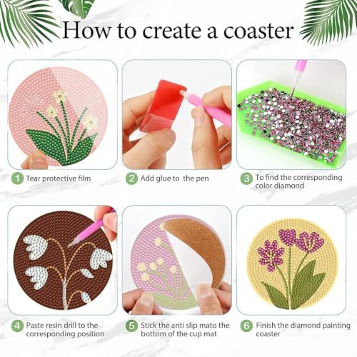 DOTSOPS 6 Pack Flower Diamond Art Coasters with Holder for Adults 4 in