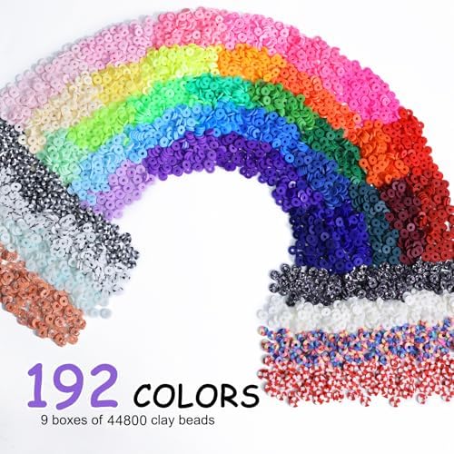 Redtwo 46000 Pcs 192 Colors Clay Beads Friendship Bracelet Making Kit | 9 Boxes Flat Polymer Clay Heishi Beads Set for Jewelry Making with Letter Bead Elastic String, Gifts for Girls 8-12