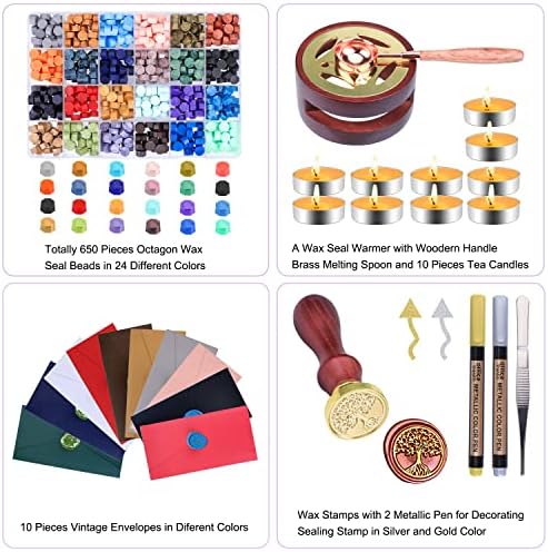 Aottom Wax Seal Stamp Kit with Gift Box, 24 Colors 650 Pcs Beads, Warmer, Envelopes, Candles, Stamp, Metallic Pen for Gift and Decoration