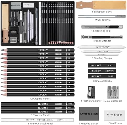 HIFORNY 30 PCS Sketching Drawing Pencil Set,Sketch Pencils Art Supplies with Graphite,Charcoal,Blending Tools,Accessories,Drawing Kit for Adults Artists