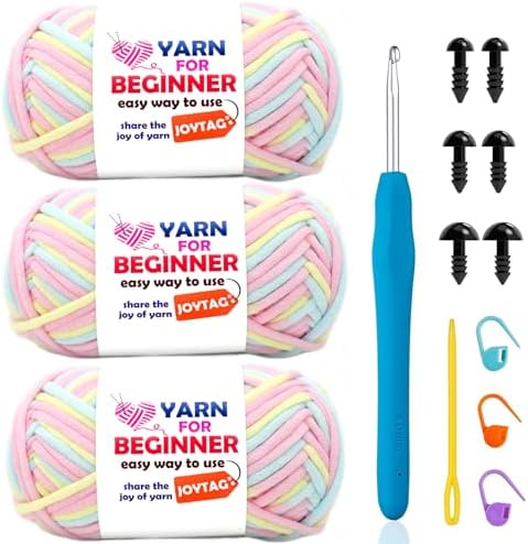 3 Pack Rainbow Beginners Crochet Yarn Pink Blue Yellow Cotton Crochet Yarn for Crocheting Knitting Beginners with Easy-to-See Stitches Cotton-Nylon Blend Crochet Yarn for Beginners Crochet Kit(3x50g)