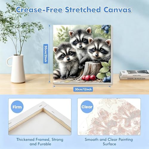 Bowetile Baby Raccoons Paint by Numbers Kit for Adults, Framed Painting by Numbers Animals, Adults' Paint-by-Number Kits on Canvas, Acrylic Number Painting for Home Wall Decor, 12x12in