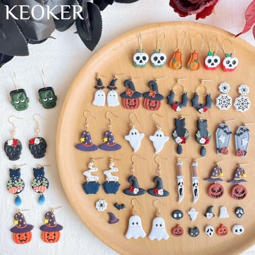 Keoker Halloween Polymer Clay Cutters, Polymer Clay Cutters Halloween, 30 Shapes Halloween Clay Cutters for Earrings, Pumpkin Clay Cutters for Polymer Clay Jewelry, Mini Clay Cutters