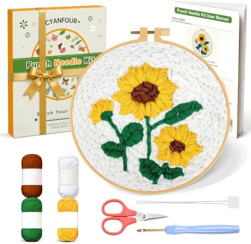CYANFOUR Punch Needle Kit for Beginners, Sunflower Punch Needle Kits Adults, Craft Kits for Adults with 2 Pre-Printed Fabrics, Embroidery Hoop, Threads, DIY Gift and Home Decor 20 * 20cm