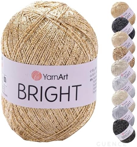 YarnArt Bright Metallic Glitter Yarn – 80% Polyamide 20% Metallic Polyester, 90g 340m, Soft Sparkle Fiber for Crochet, Lace, Summer Tops & Accessories – 4 mm Needle & Hook (236, Metallic Gold)