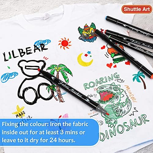 Shuttle Art Fabric Markers Pens, 30 Colors Dual Tip Fabric Marker Permanent No Bleed Markers for T-Shirts Sneakers, Non-Toxic & Child Safe Shirt Pens for Adult Painting Writing