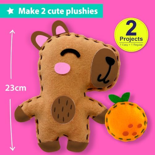 KRAFUN Beginner Sewing Kit, Sew Capybara & Orange, Pre-Cut Felt, Ages 5+