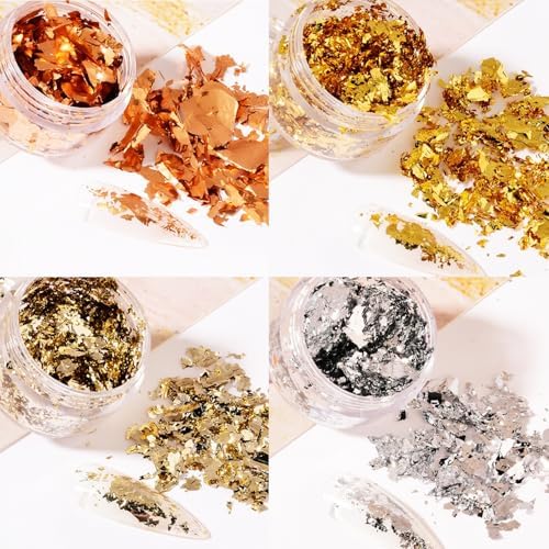 9 Box Broken Crushed Glass Glitter, 9 Box Gold Foil Flake Irregular Shards Metallic Crystal Chips 2-4mm Chunky Flakes Sequins Gravel for Epoxy Resin Craft Supplies