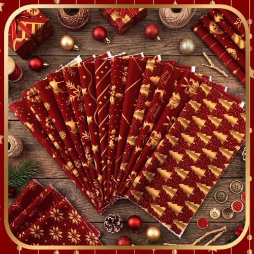 HunnmingRe 20 Pcs 10''x10'' Red Gold Christmas Quilting Fabric Square Winter Precuts Quilted Fabric Bundle Reindeer Snowflake Printed Sewing Material for Patchwork Scrapbook Junk Journal DIY Craft