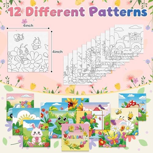 Anseal 12 Packs Pre Drawn Canvas to Paint, 4" X 4" Spring Pre-Printed Paint Party, Pre Stretched Canvas Outline Painting Boards for Paint Lovers, Party Favor