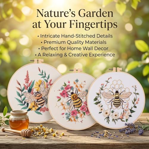 Harimau Beginner Adult Embroidery Kit, All-in-One Starter Pack with 3 Patterns, 3 Hoops, Scissors, Needles, Instruction Manual & Stitching Video Guides