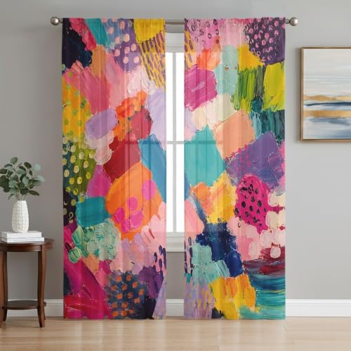 Colorful Art Sheer Curtains 84 Inch Length 2 Panels for Living Room, Geometric Modern Abstract Oil Painting Voile Kitchen Curtain Set, Luxury Privacy Drapes Window Treatment for Bedroom