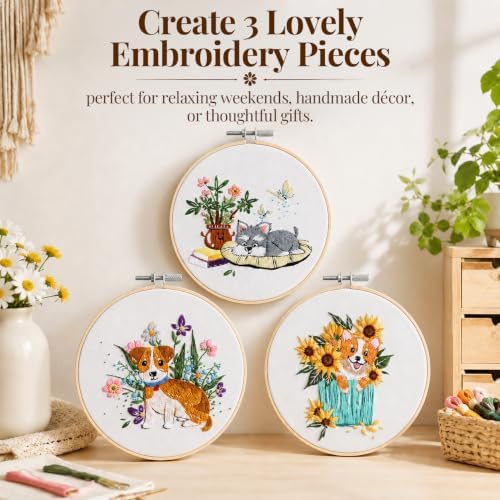 Thinas Embroidery Kit for Beginners Adults, 3 Pack Stamped Dog Embroidery Starter Set with Patterns & Video Tutorial, DIY Sewing Craft Supplies for Dog Lovers, Home Decor Gift Idea
