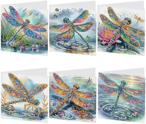6 Pcs 5D Diamond Painting Greeting Cards Kits Dragonfly, Handmade Festival Greeting Cards with Envelopes DIY Diamond Art Crafts Birthday Cards Shimmer Design for Birthdays Holidays (30x15cm)