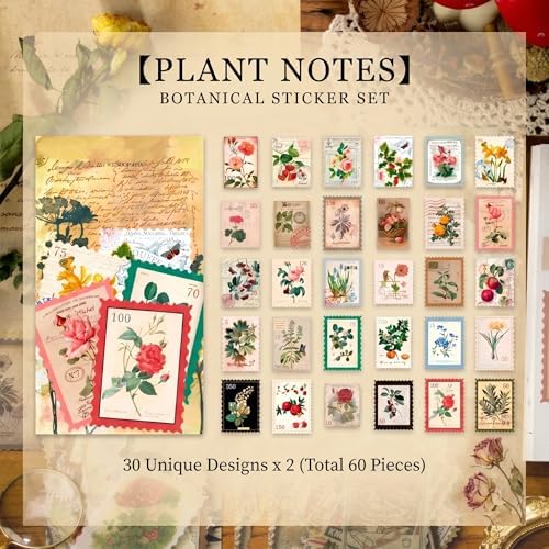 60pcs Vintage Postage Stamp Stickers, Aesthetic Botanical Deco Paper Sticker for Scrapbooking, Journaling Supplies, Planners, Kid DIY Art Crafts, Bullet Journal Ephemera