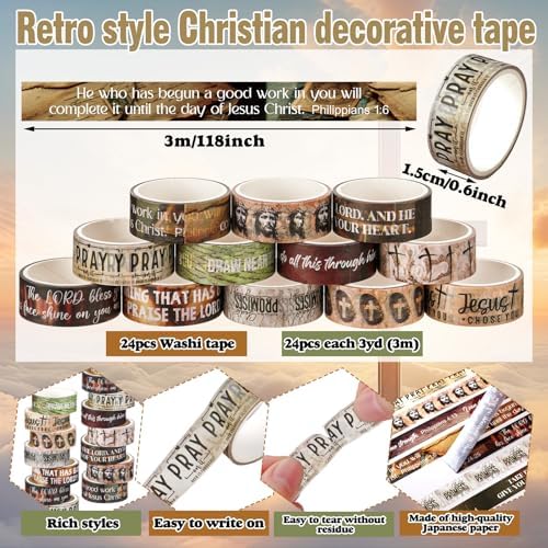 24 Rolls Christian Washi Tape Gifts for Bible Journaling, Rustic