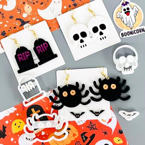 Xaekicr Halloween Polymer Clay Cutters Set – 8Pcs Clay Earring Cutters for Polymer Clay Jewelry, Ghost Bat Skull Pumpkin Shapes Clay Tools and Molds for DIY Crafts