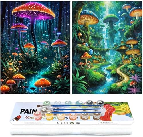 Lovepefe Mushroom Paint by Numbers Kit for Adults and Kids Beginner 2 Pack Mushrooms Forest Adult Paint by Number Kits On Canvas DIY Oil Painting Kits for Gift Wall Decor 12x16 Inch
