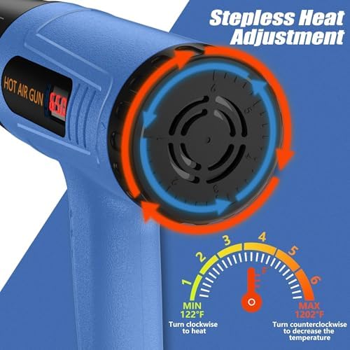 Digital Heat Gun, 110V Adjustable Hot Air Gun with 4 Nozzles, Side LCD Display, Rear Rotating Temp Control, 50-650℃（122-1202℉),Overload Protection, 4.9FT Cord Portable Heat Gun for Crafts, Shrink Wrap