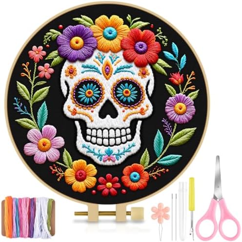 TINDTOP Embroidery Kit for Adult Beginners, Embroidery DIY Starter Kit, with Stamped Patterns, Hoop, Tools, Colorful Threads with Needles, Instructions (Skeleton B)