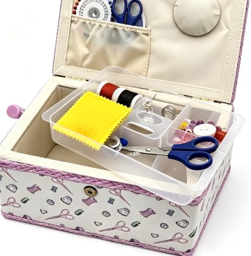Sewing Box with Accessories Set, Fabric Floral Craft Storage Organizer Basket for Women & Girls, Portable Sewing Kit for Beginner, Travel, Mending, Embroidery Supplies