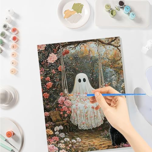 SENQAO Ghost Paint by Numbers Kit for Adults Beginner, Halloween Adult Paint by Number Kits on Canvas, DIY Acrylic Oil Easy Painting by Numbers for Home Wall Decor 8X12 inch (Cat Flower)