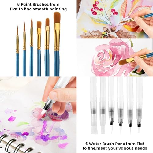 48 Colors Washable Watercolor Paint Set, with 12 Brush Pen & Drawing Pad