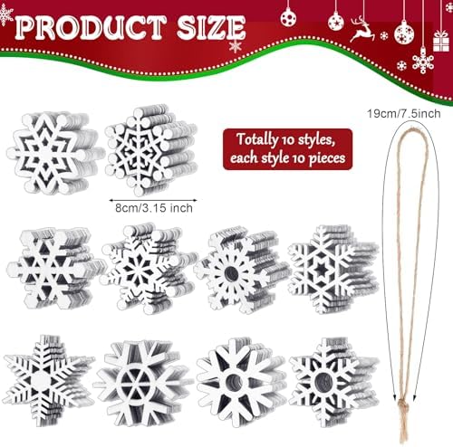 Blulu 100 Pcs Christmas Wooden Snowflakes Crafts, White, 3.1 in