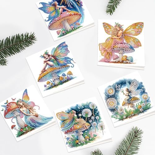Tontut 6pcs Diamond Art Painting Kit Greeting Card, Genie on Mushroom 5D DIY Diamond Handmade Holiday Greeting Card with Envelope, Holiday Gift Congratulation