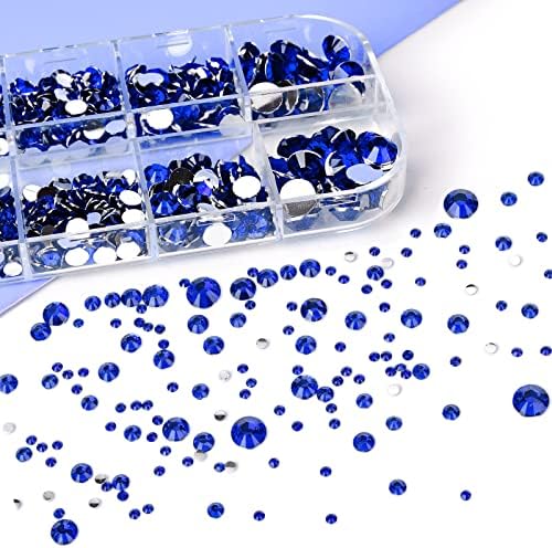 Canvalite 1500PCS Blue Rhinestones Flat Back Gems, Nail Rhinestones Nail Art Gems with Pick Up Tweezers and Rhinestone Picker Dotting Pen, Nail Art Tools for Nails, Clothes, Face, Craft…