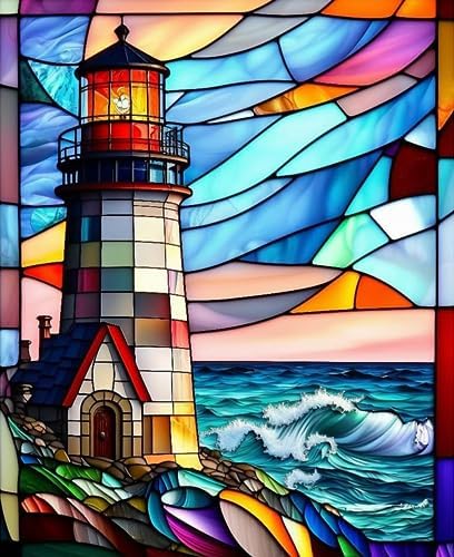 5D Stained Glass Lighthouse Diamond Painting,Adult Diamond Art kit, DIY Diamond Painting kit,Full Diamond Round Diamond dot Diamond Art kit,Craft Home wall Art decorating-12x16in