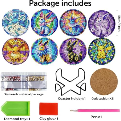 nekpiahu 8Pcs Diamond Painting Coasters with Holder,DIY Cartoon Life Coaster Diamond Art Kits for Adults, Beginners Round Full Drill Diamond Art Craft Supplies