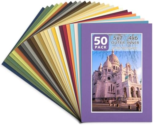 Golden State Art 50 Pack Mixed Color Picture Mats 5x7 for 4x6 Mats Only