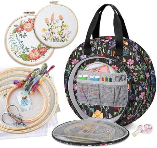 FINPAC Embroidery Project Bag, Embroidery Supplies Storage Carrying Tote Case with Multiple Pockets for Floss, Hoops, Thread, Stitch Tools Kit [Bag Only] (Black Floral)