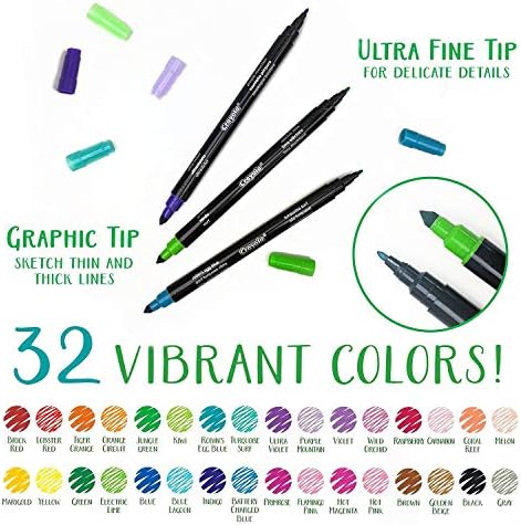 Crayola Sketch & Detail Dual-Tip Markers (16ct), Adult Coloring Set, 32 Colors, Fine & Brush Tip Art Markers, For Calligraphy & Drawing