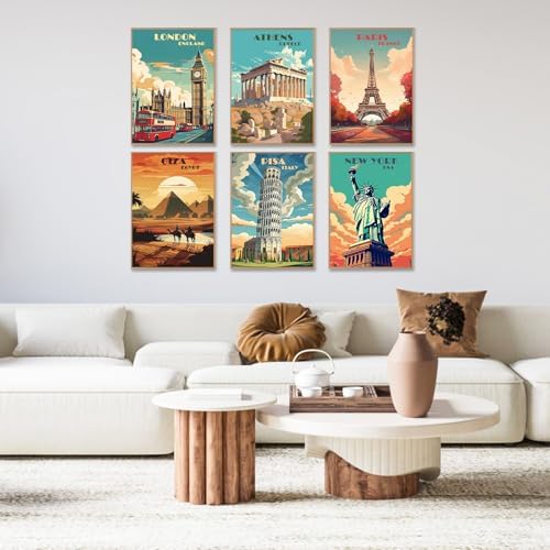 6 Pack Paint by Numbers Kit for Adults, Travel Number Painting, 10x14 Inch | DIY Adult Paint by Number Kits on Canvas for Beginners, without Frame, Vintage Travel Wall Decor, Stress Relief Craft Gift