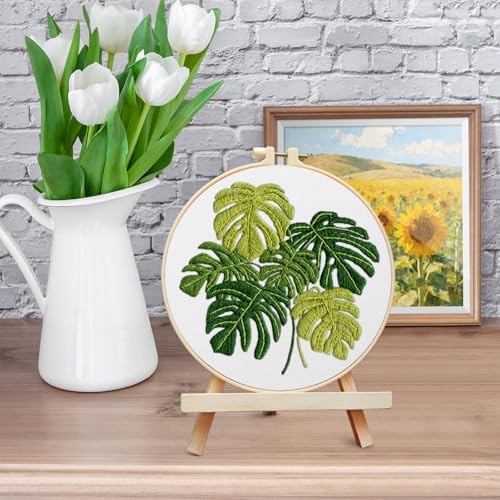 ERKOON Embroidery Kit for Beginners Adult, Cross Stitch Set Include Embroidery Cloth Hoop Threads for Craft Lover Hand Stitch with Embroidery Skill Techniques (Leaf)