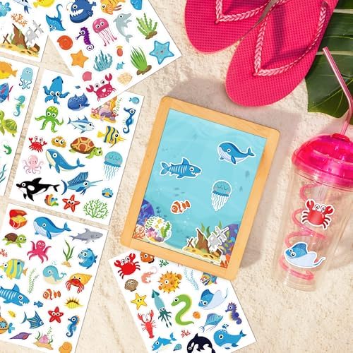 LINAYE 48 Sheets Ocean Stickers for Kids, 1040 Pcs Waterproof Under The Sea Fish Animal Stickers Ocean Under The Sea Party Favors Decorations Crafts for Kids