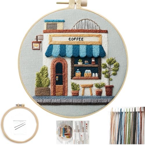 FONNUY Coffee Shop Embroidery Kit, Vintage Cafe Pre-Stamped Pattern Kits Handmade DIY Embroidery Set Suitable for Both Adults and Beginners Color Thread Needlework, 8'' Hoop (Blue)