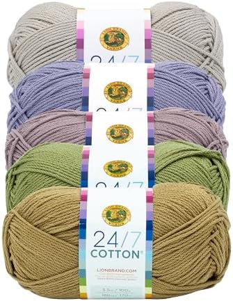 Lion Brand Yarn, 24/7 Cotton Mercerized Lightweight Yarn for Knitting, Crochet, and Crafts, Rocky Mountains, 5 Pack, Multicolor Pack of Natural Fiber for Breathable Tops, Durable Bags, and Dish Cloths